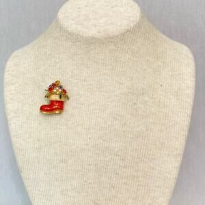 Santa's Boot Brooch Gold Tone Metal Multicolor Enamel Overlay Multicolor Stones